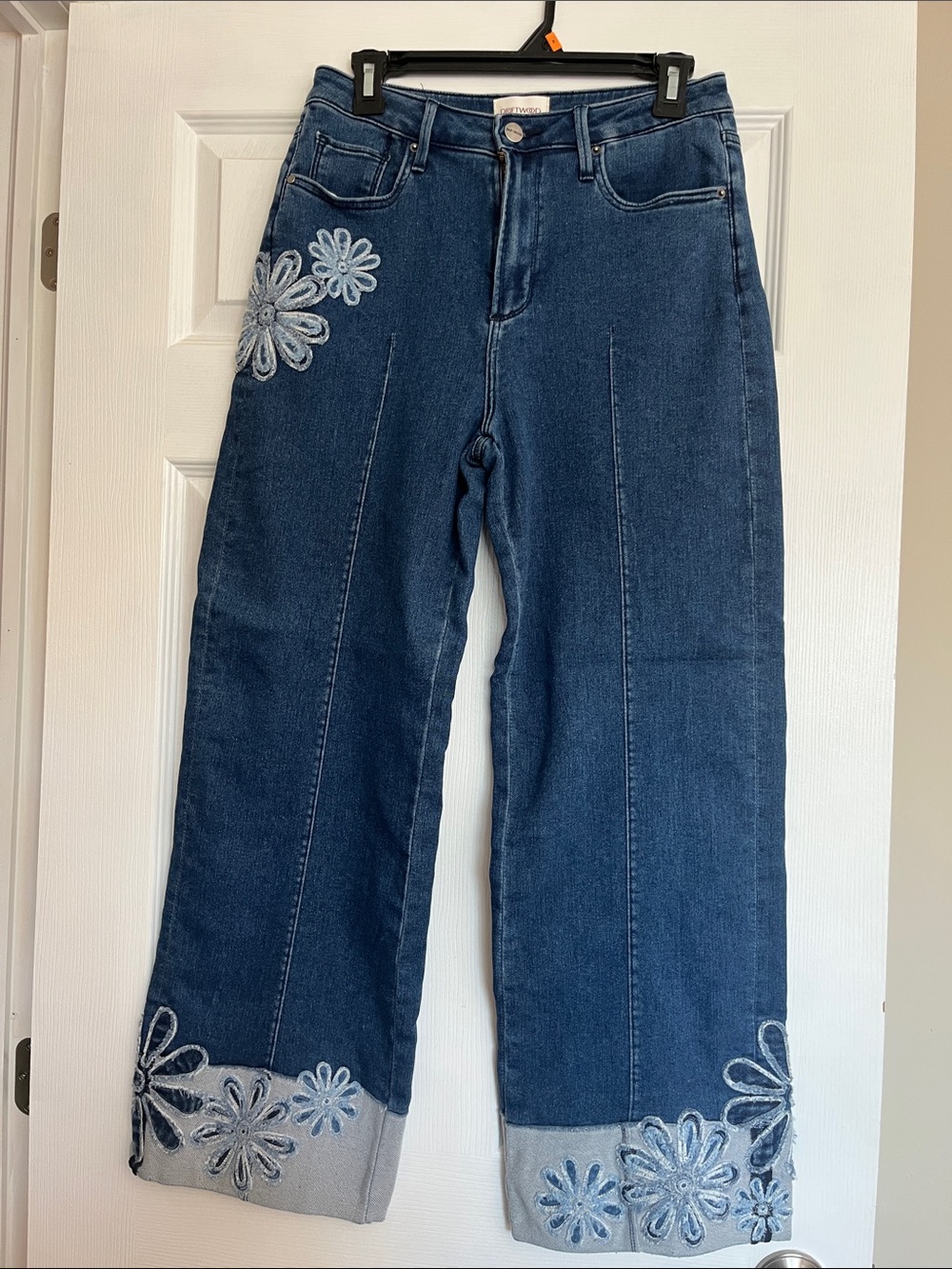 DRIFTWOOD Dark Blue Wide-Leg Jeans with Light Blue Floral Embroidery